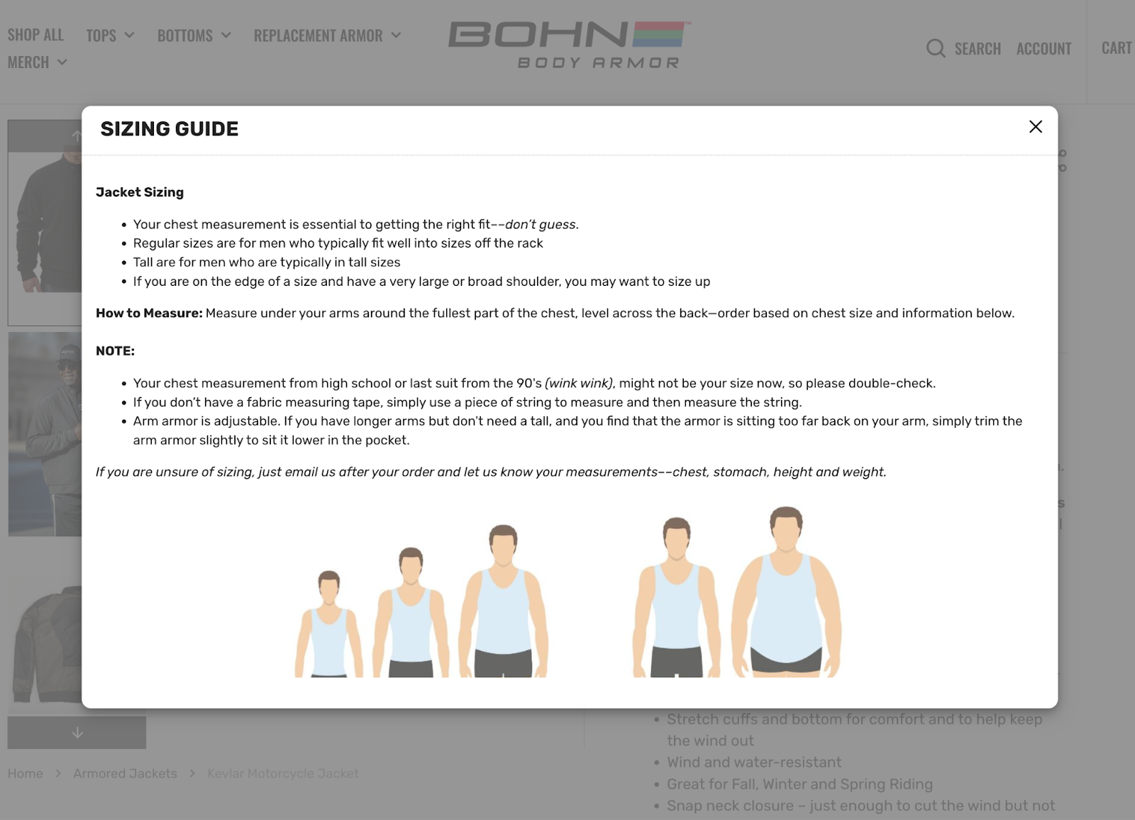 Bohn Body Armor sizing popup with fit notes and illustrated body shapes.