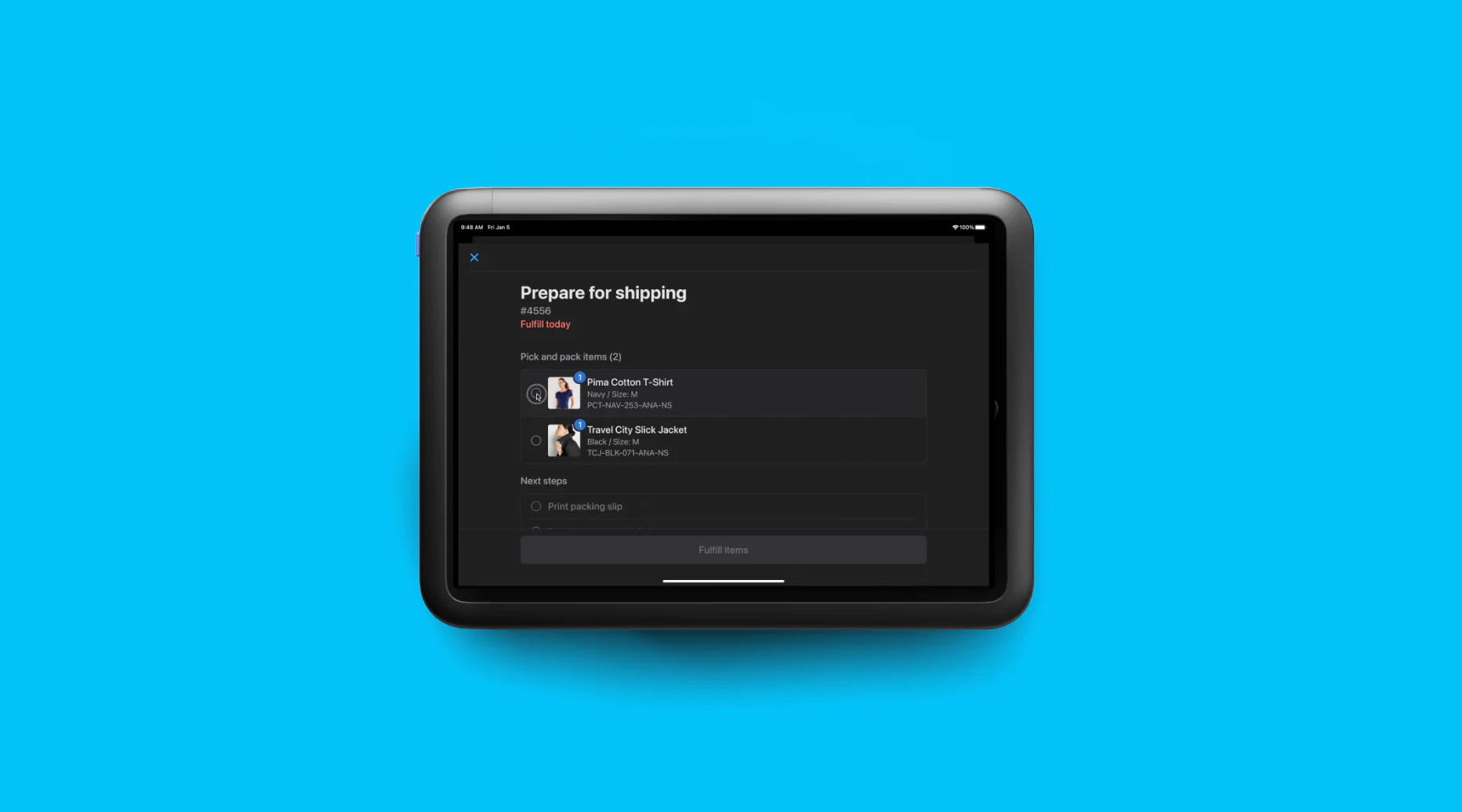 Shopify POS order for a women’s t-shirt and jacket with the status “Prepare for shipping.”