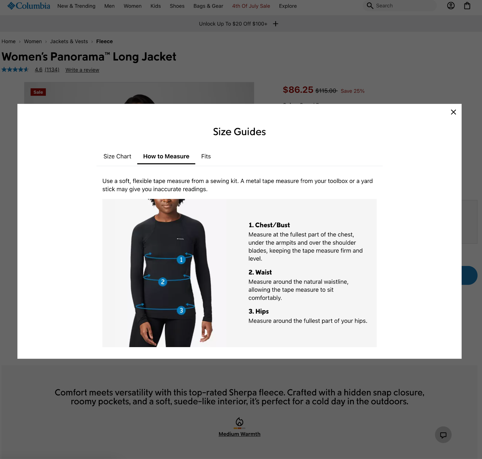 Columbia size guide popup with chest, waist, hip measuring diagram and tips.