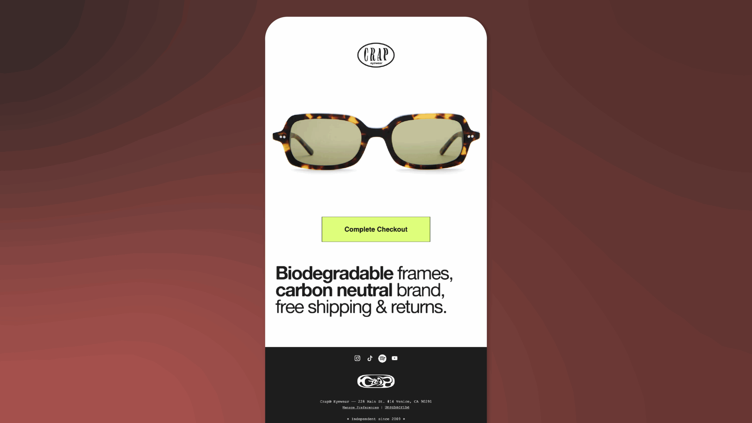 Crap Eyewear email with an image of tortoiseshell sunglasses and a CTA to complete checkout