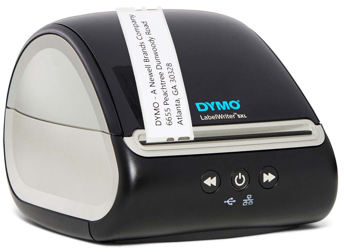 A black and gray DYMO LabelWriter 5XL printer with an address label coming out.