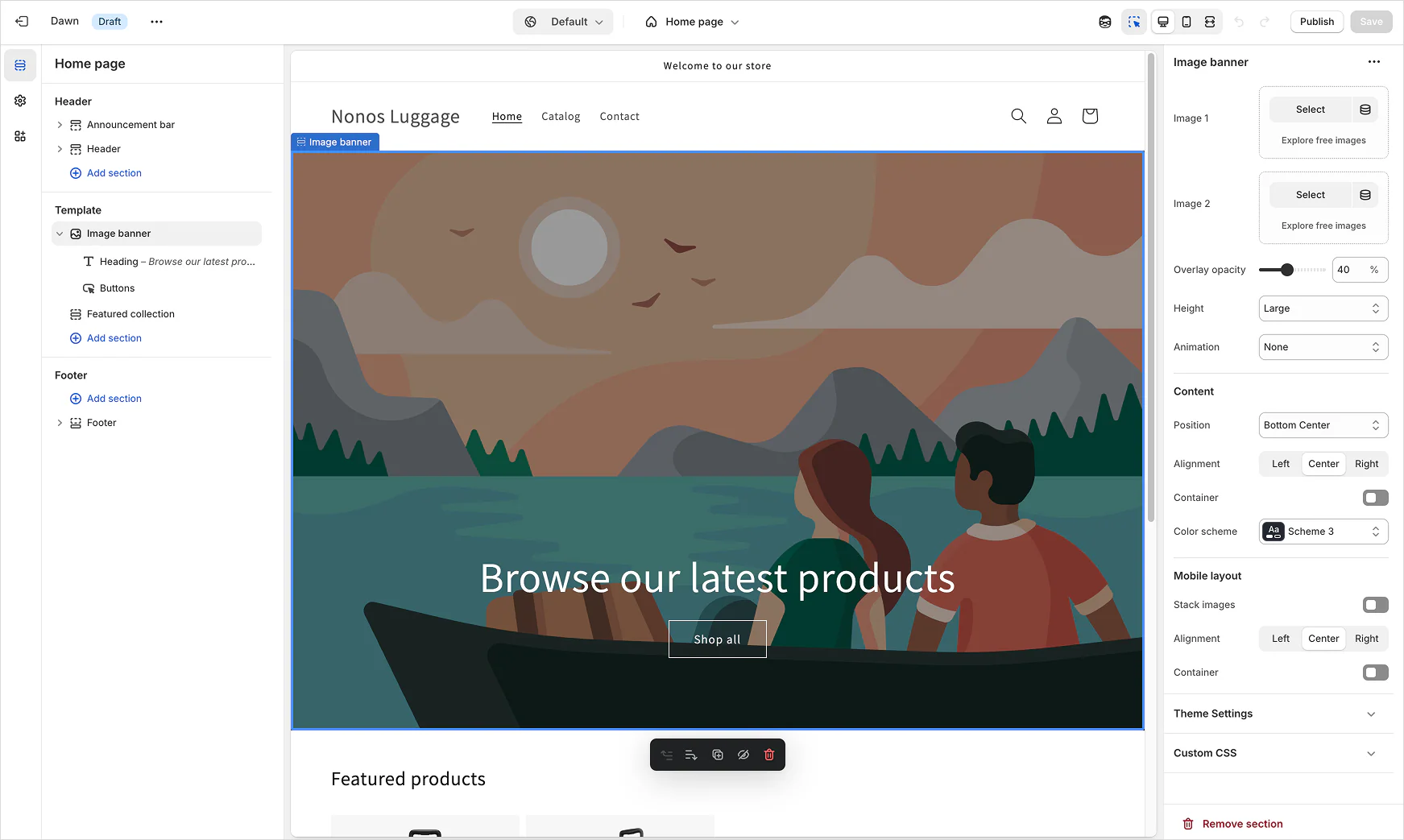 Shopify theme editor homepage with a large illustrated banner image.