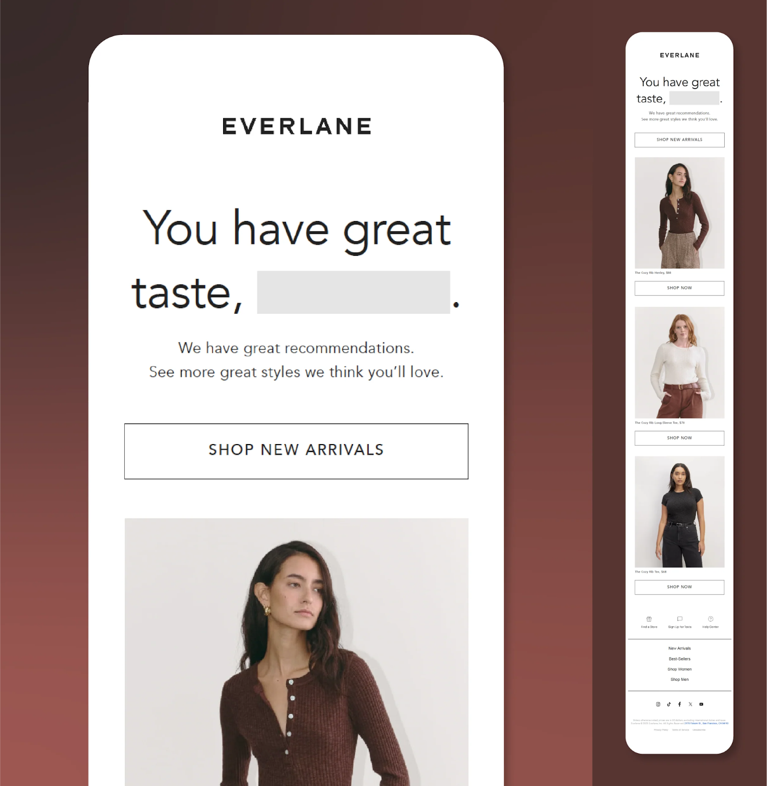Everlane email that reads 'You have great taste' with photos of female model in product recommendations