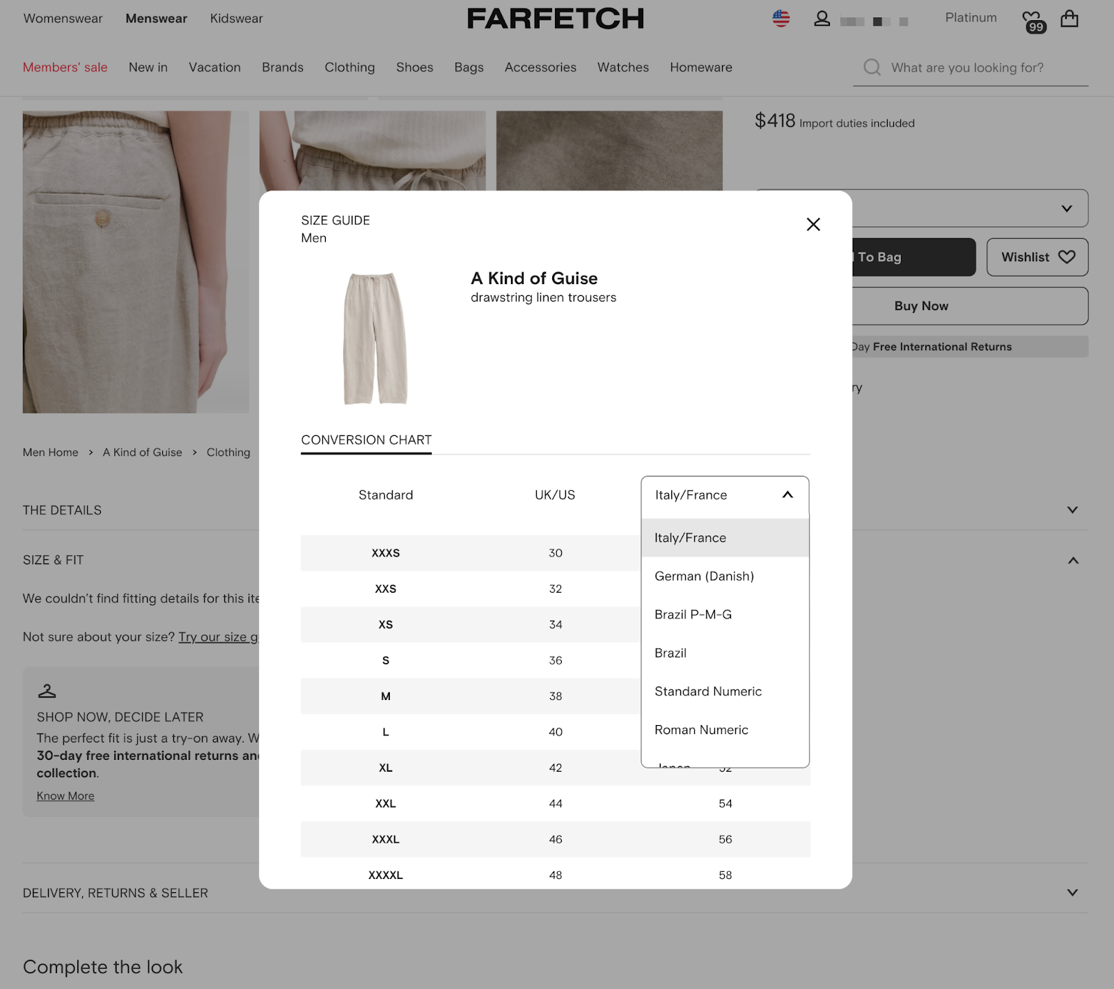Farfetch size-conversion chart with regional dropdown.