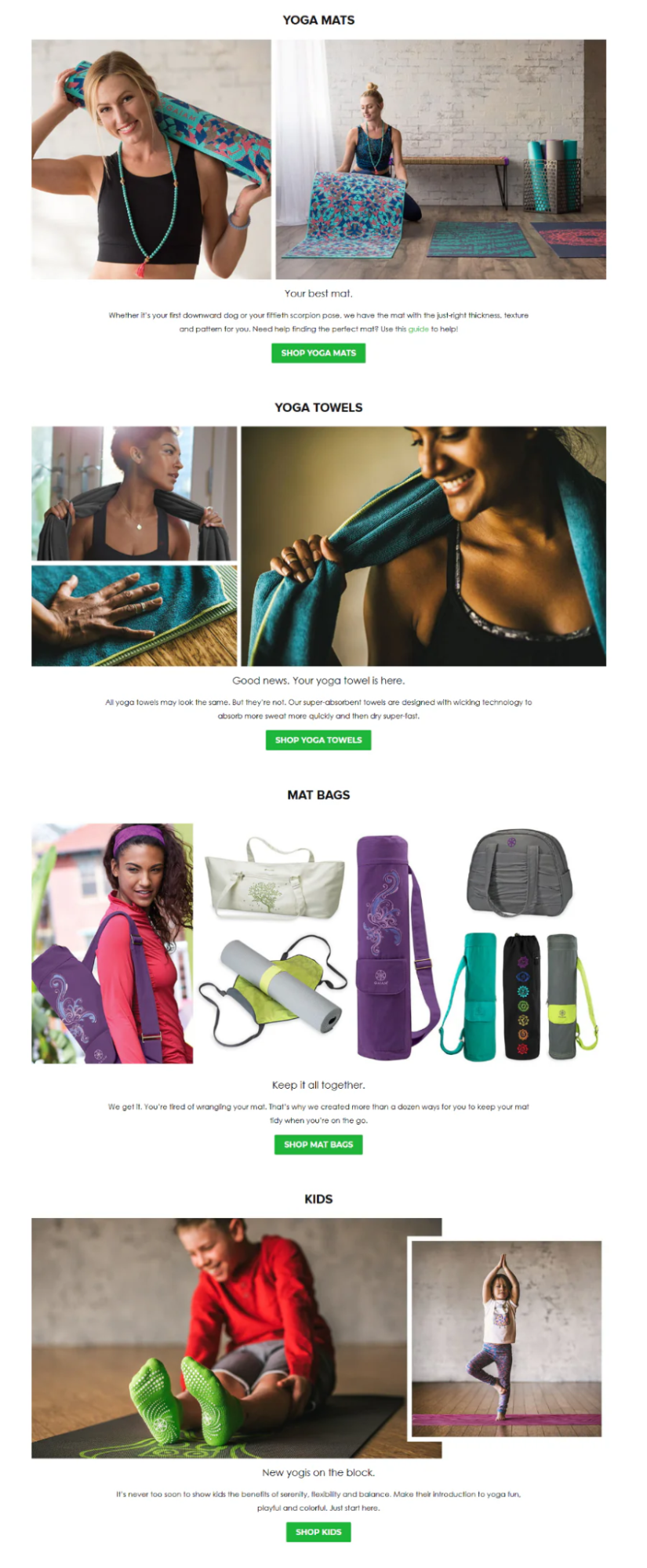 Gaiam’s Shopify store showing yoga mats, towels, mat bags, and kids’ yoga gear.