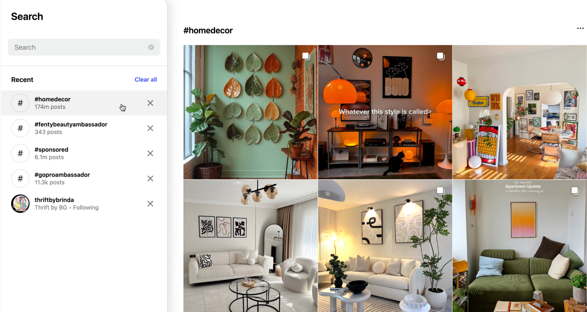 Instagram search results for #homedecor showing living room styles and 174 million tagged posts.