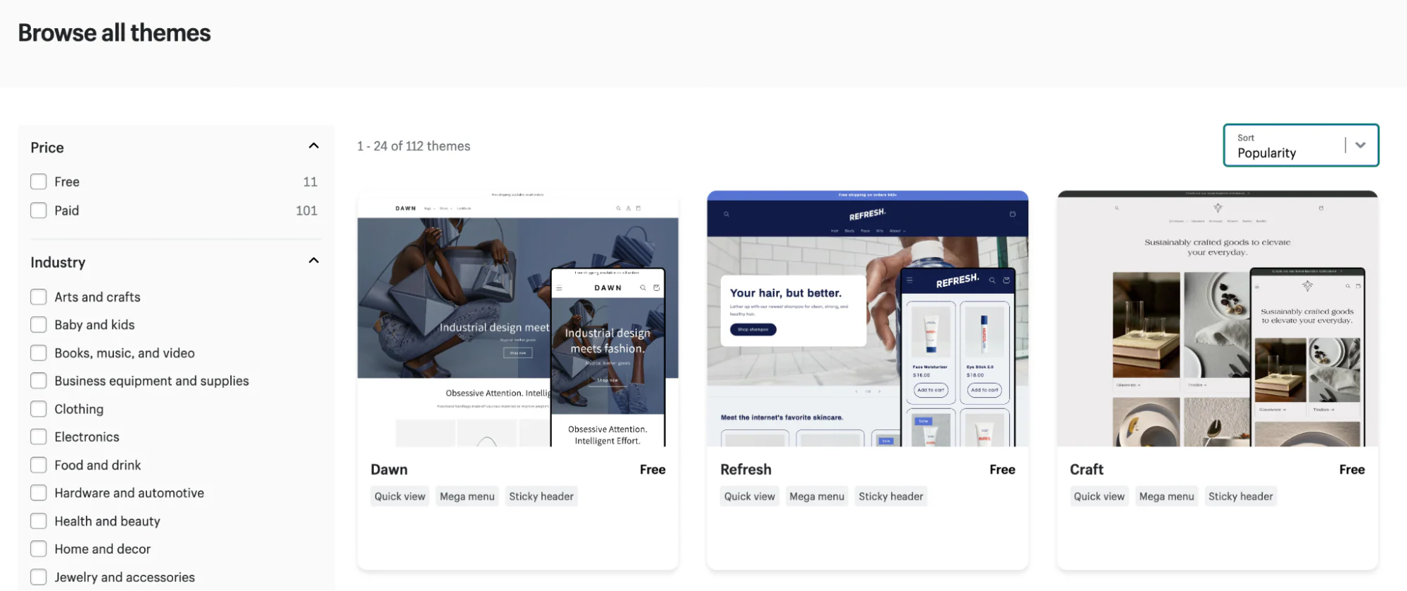 Shopify’s theme store with industry menu down the side and three templates.