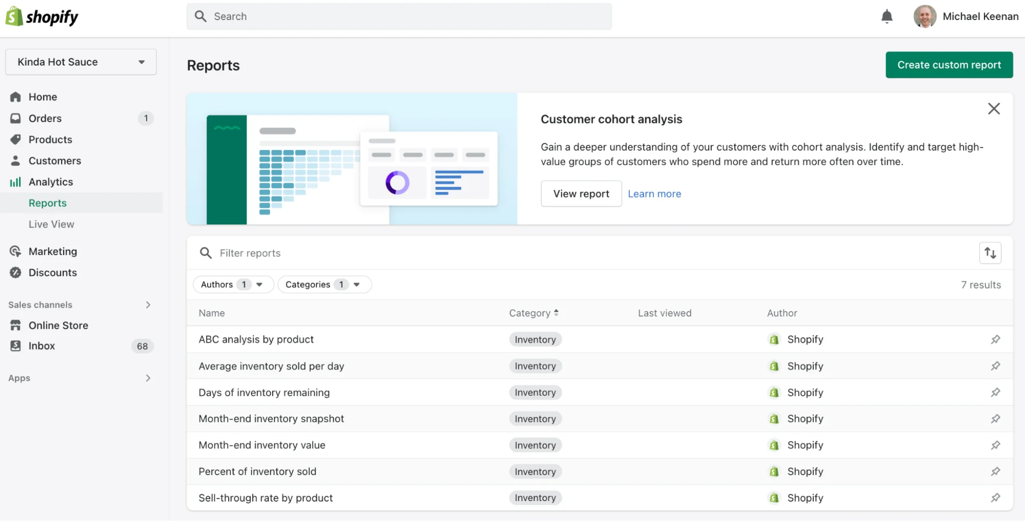 Shopify inventory report tab showing ABC analysis, average inventory sold, and sell-through reports.