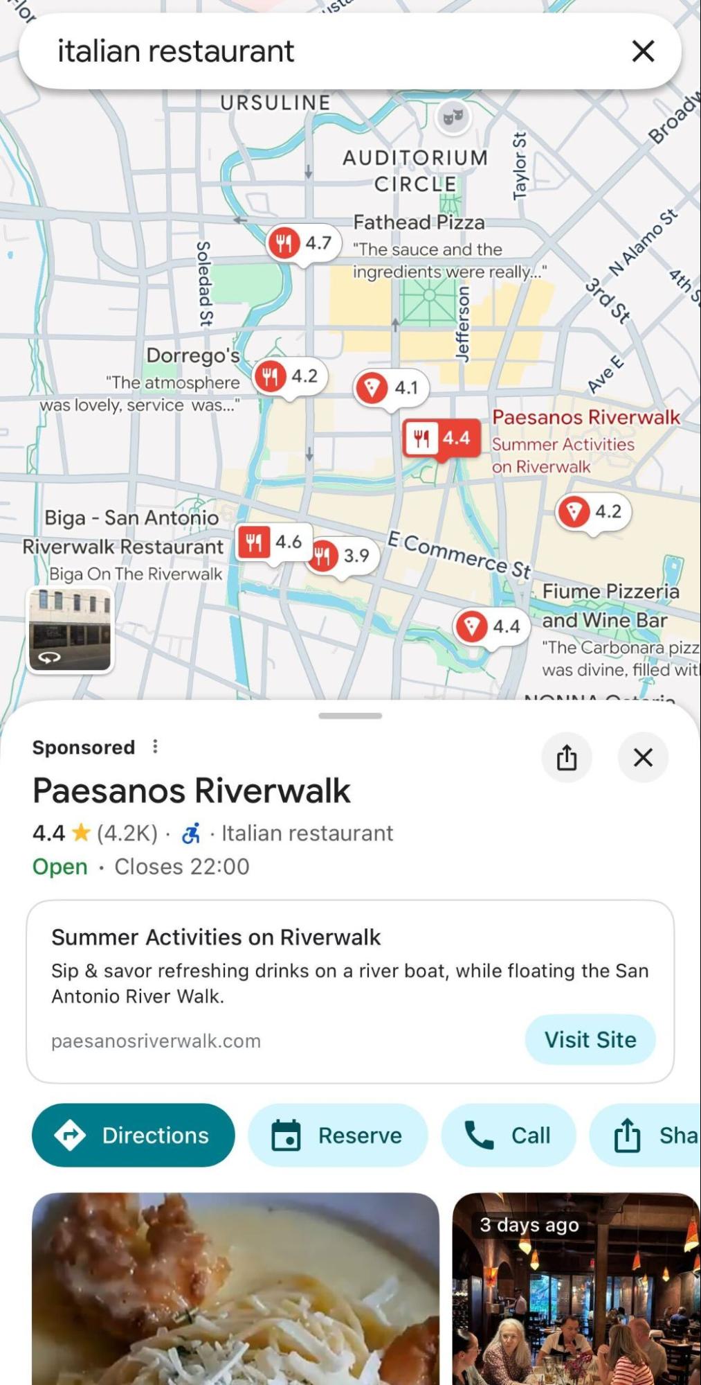 A Google Maps search for an Italian restaurant shows a sponsored ad for Paesanos Riverwalk.