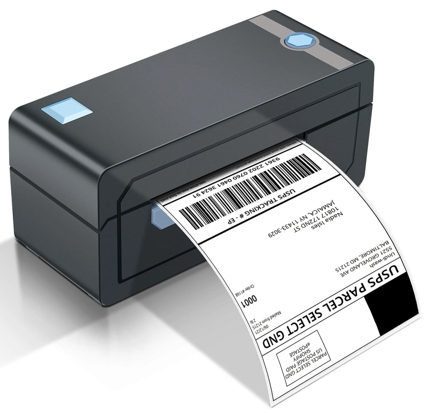 A dark gray label printer with glowing blue buttons printing a USPS shipping label.