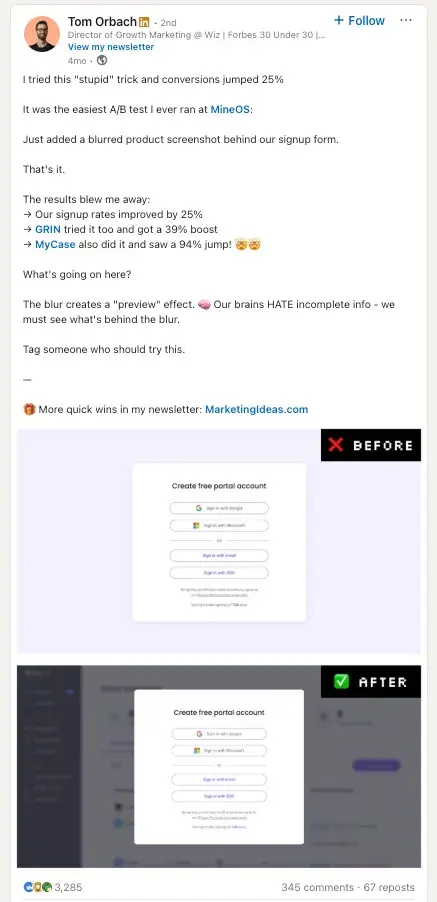 linkedin post showing a blurred background ab test