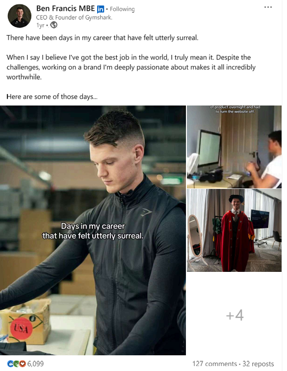 LinkedIn collage of images of Ben Francis as he has a busy work day. It has high engagement of over 6000 likes, 127 comments, and 32 reposts.