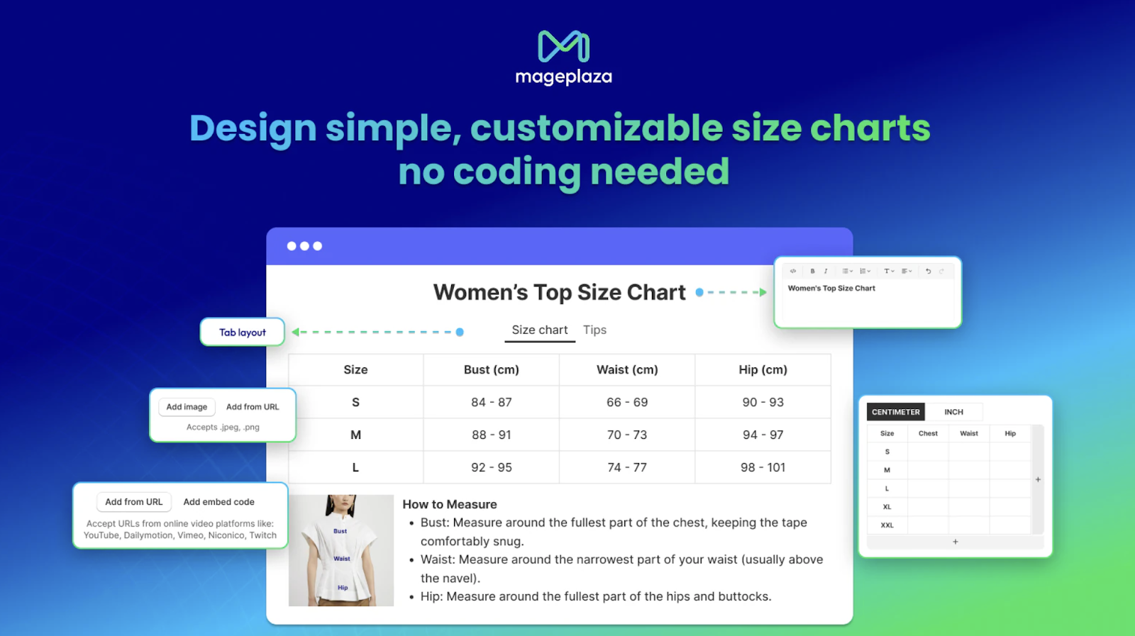 Mageplaza size chart editor with drag-and-drop fields and unit toggle.