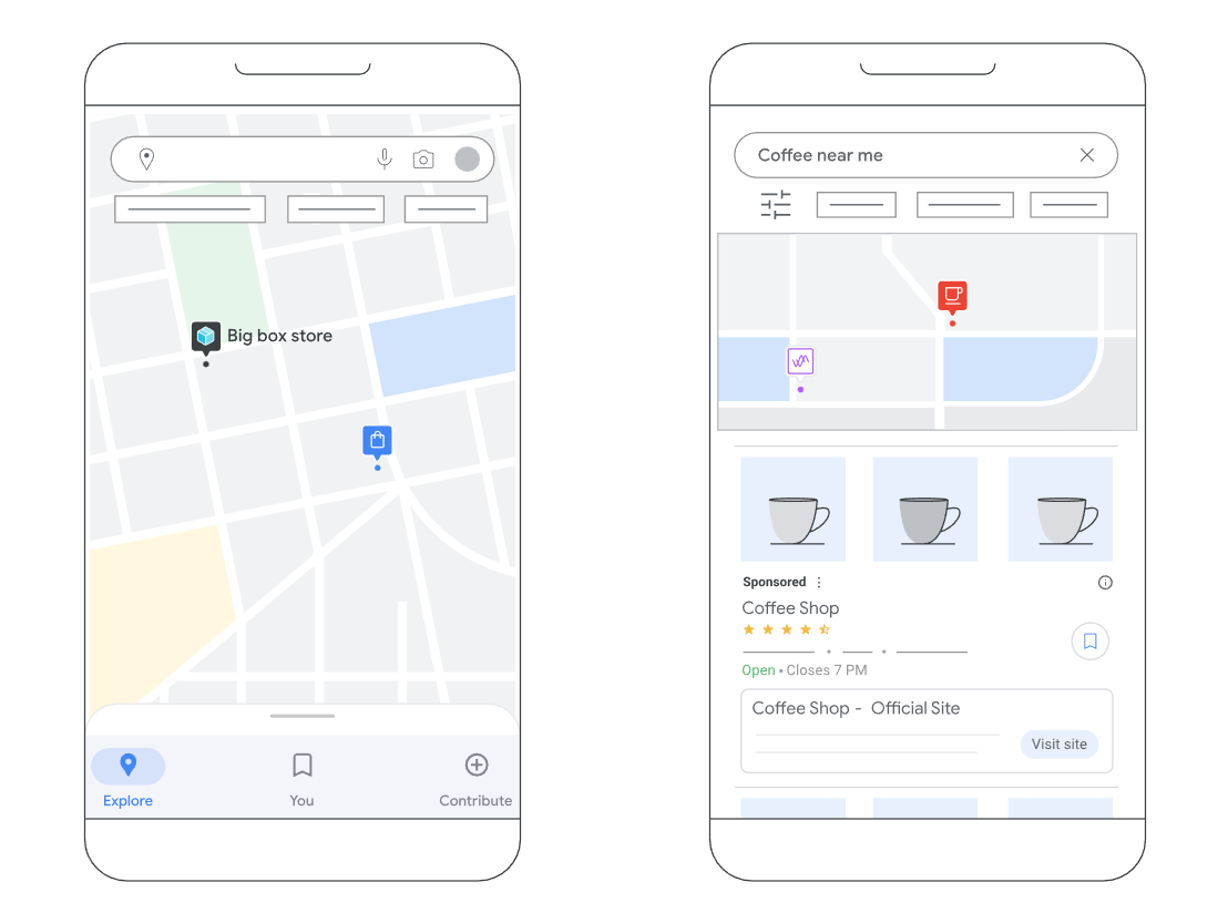 An image of a mobile map app showing a search for coffee shops and a list of results.