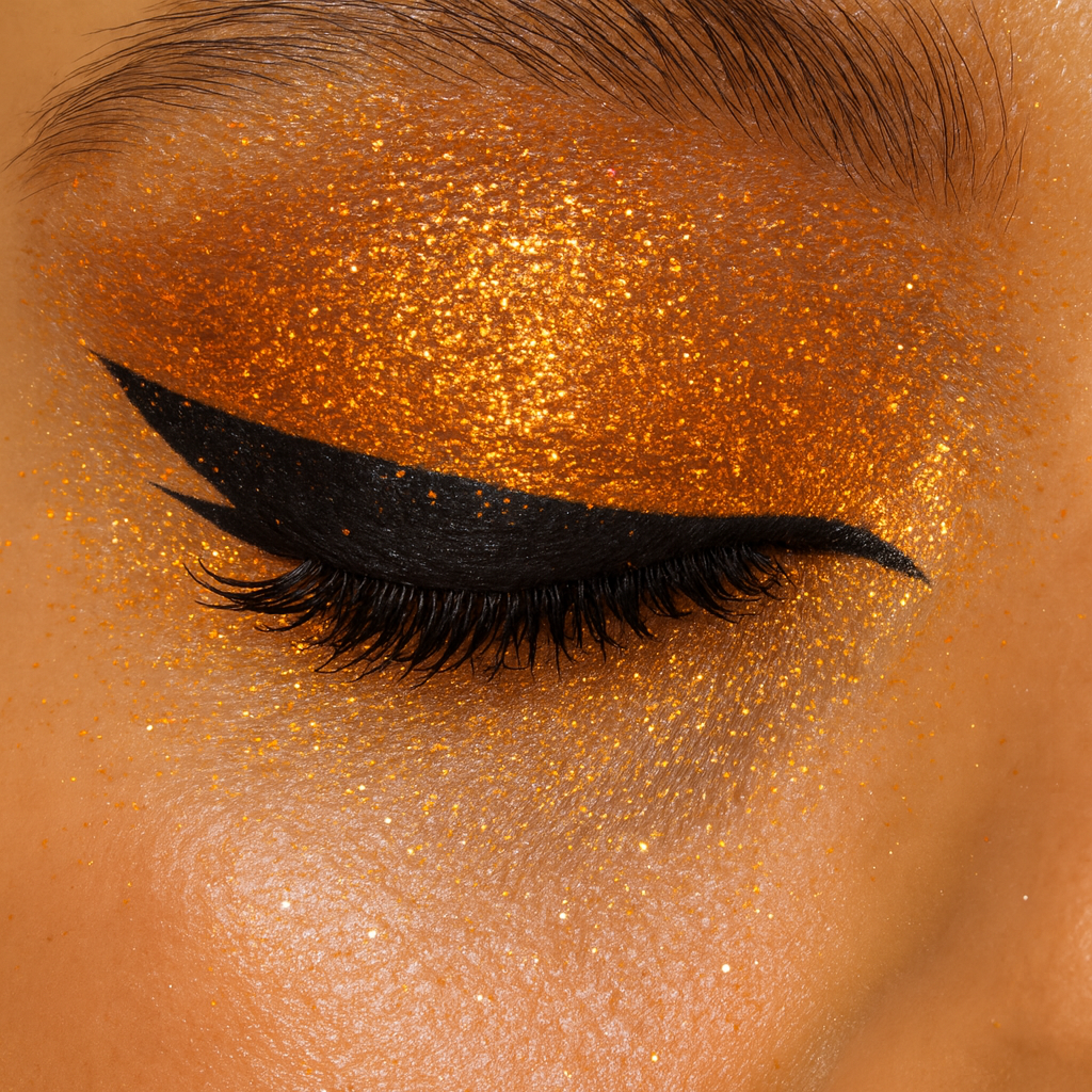 Closeup of woman’s eyelid wearing Orange Crush Bio Glitter as eyeshadow.