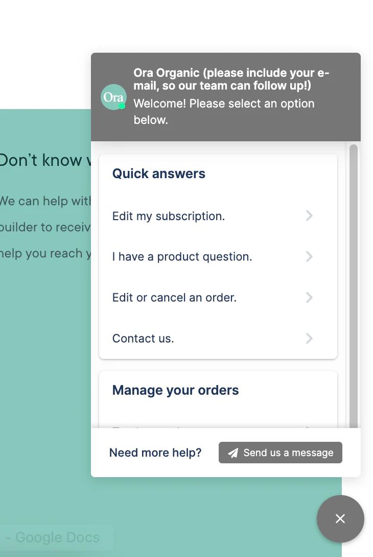 Ora Organic’s automated helpdesk powered by Gorgias.