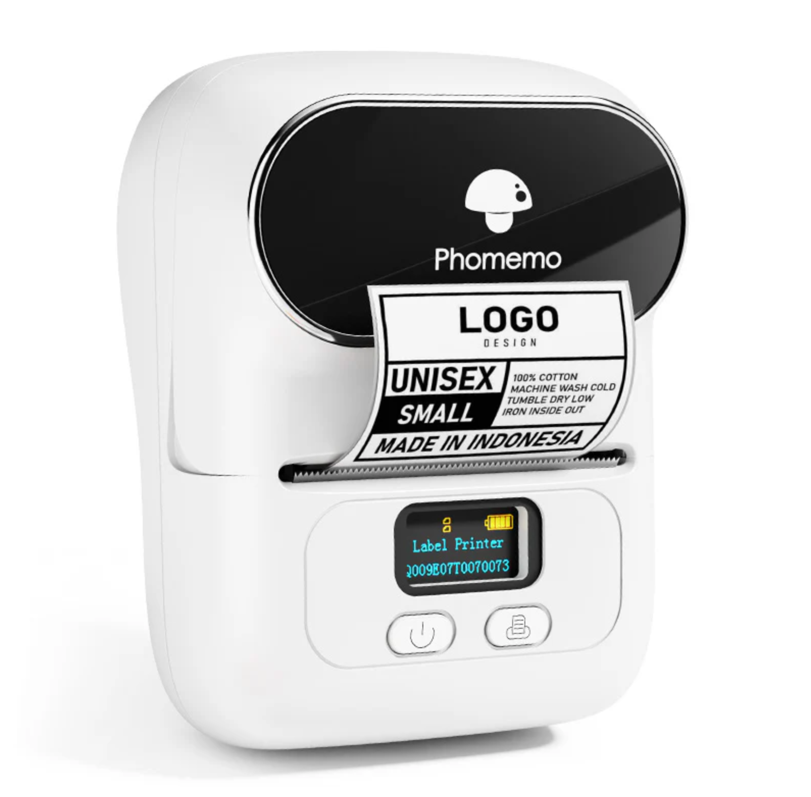Phomemo M110 portable label printer with custom clothing label output.