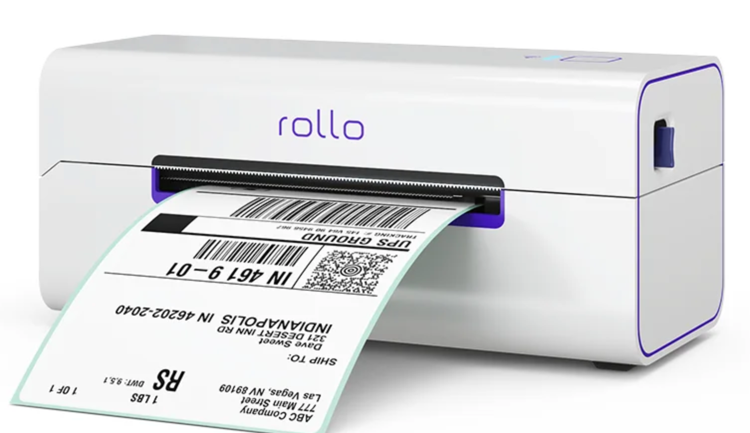 A white Rollo thermal printer is printing a UPS shipping label.