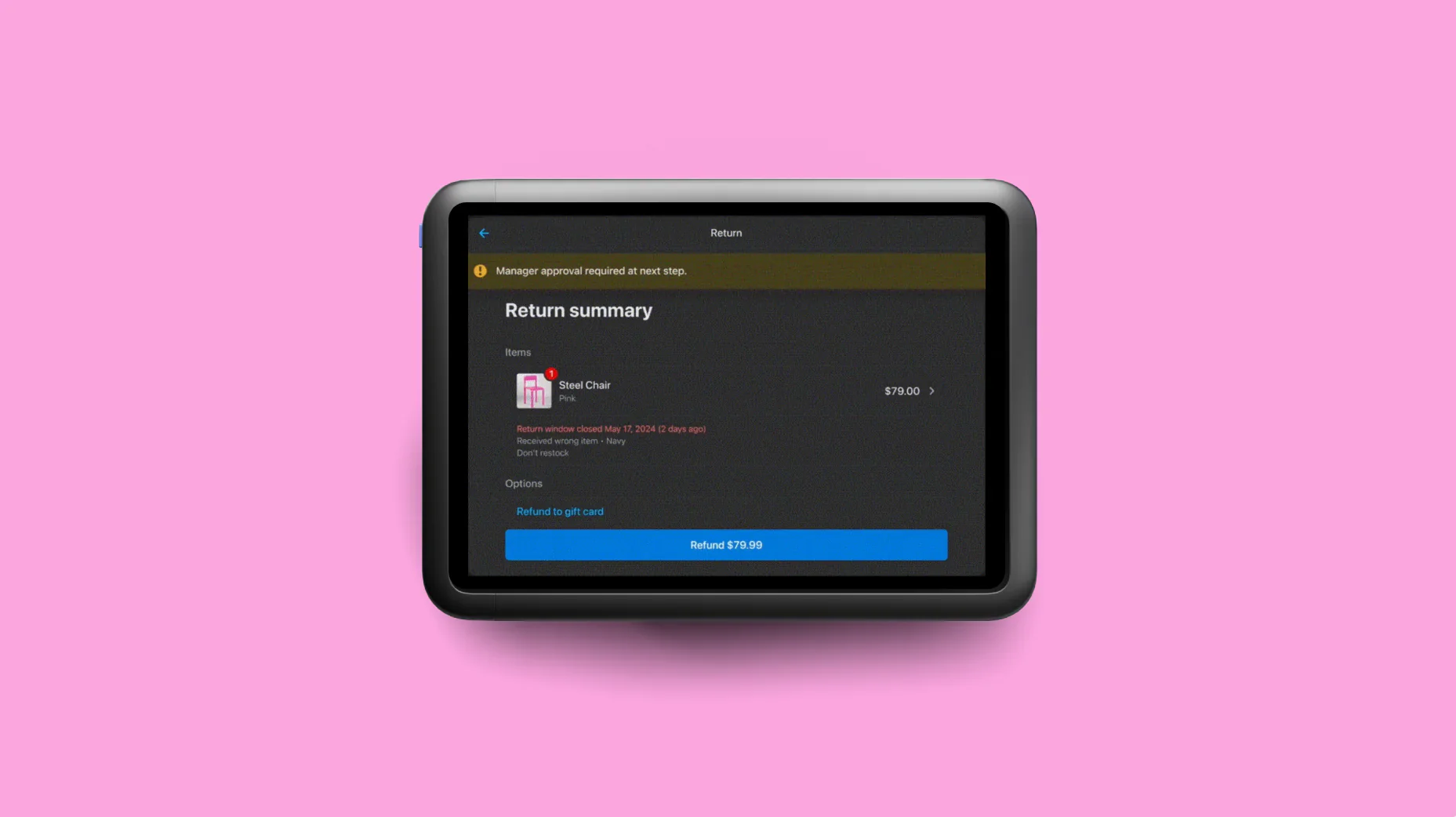Return summary in Shopify POS for a steel chair showing the reason for the return.
