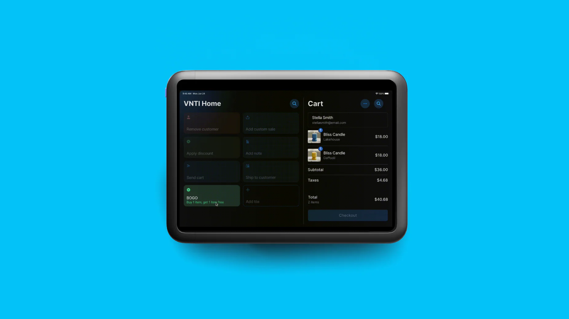 Shopify POS tab showing a tile for a buy one, get one free promotion.