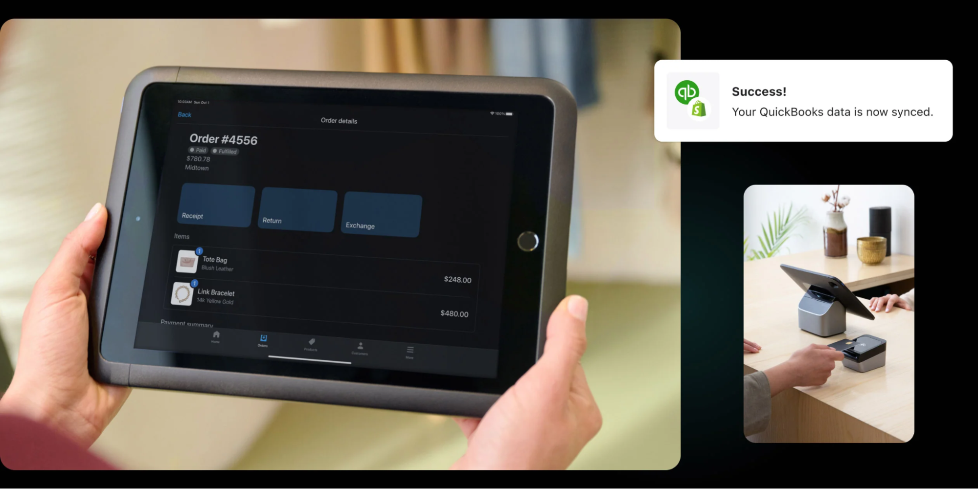 Tablet showing Shopify POS order synced with QuickBooks.
