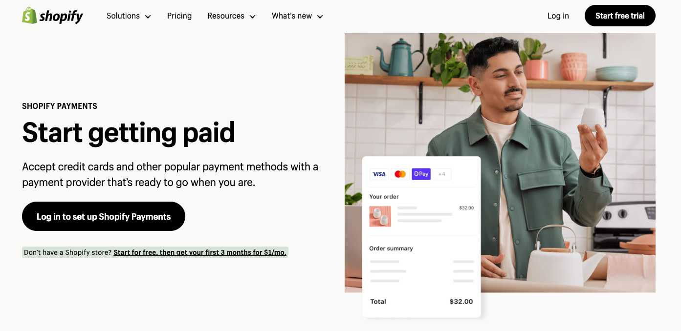 Shopify Payments landing page with checkout UI and store owner looking at products.