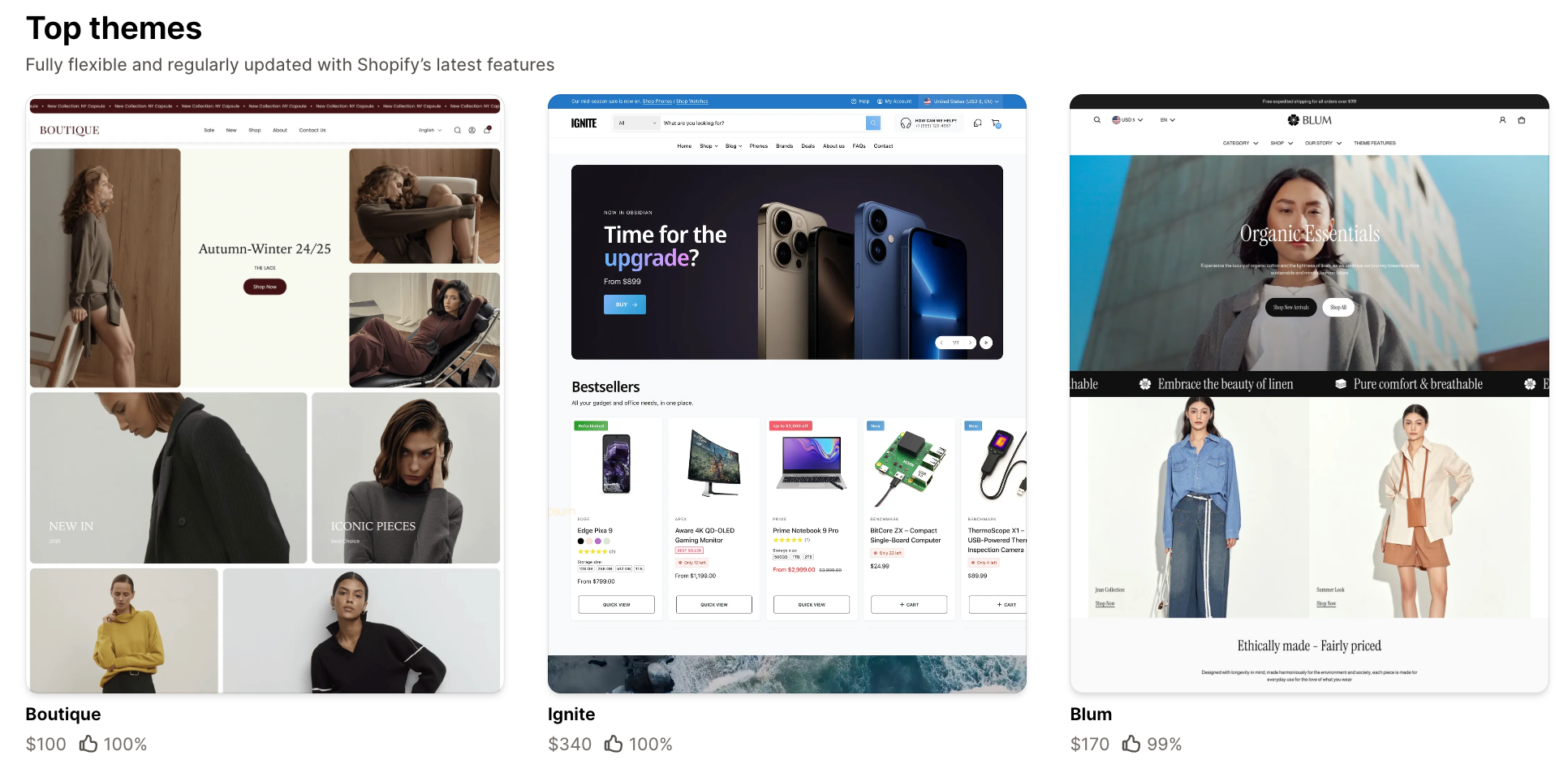 Shopify theme store showing the three most popular Shopify themes.