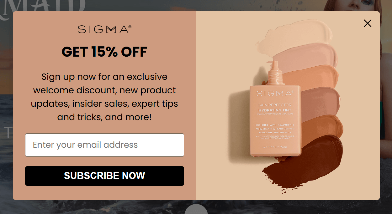 Opt-in form from Sigma featuring a 'Subscribe Now' CTA and foundation shades graphic
