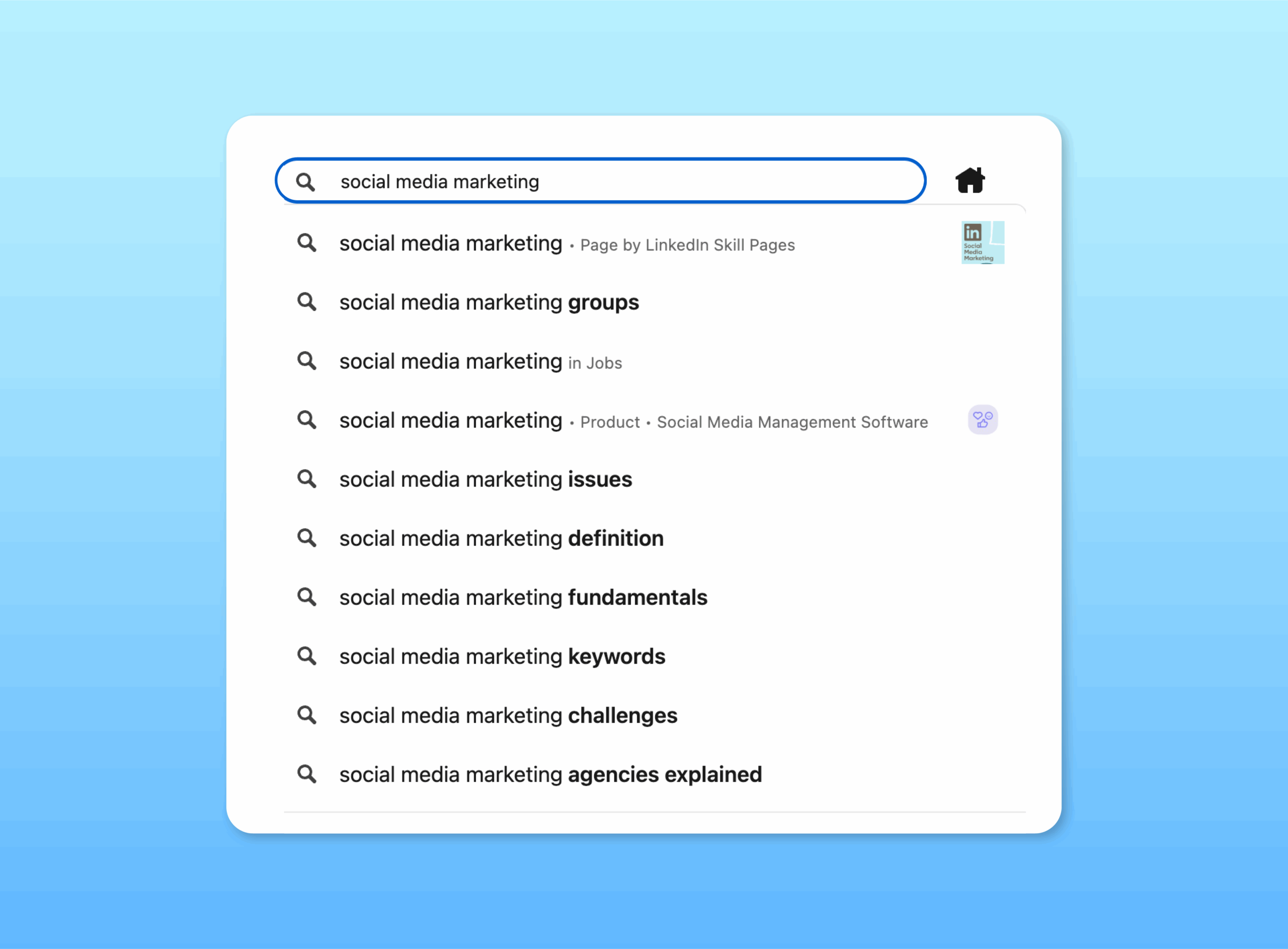 LinkedIn Search Suggest results for search query ‘social media marketing’