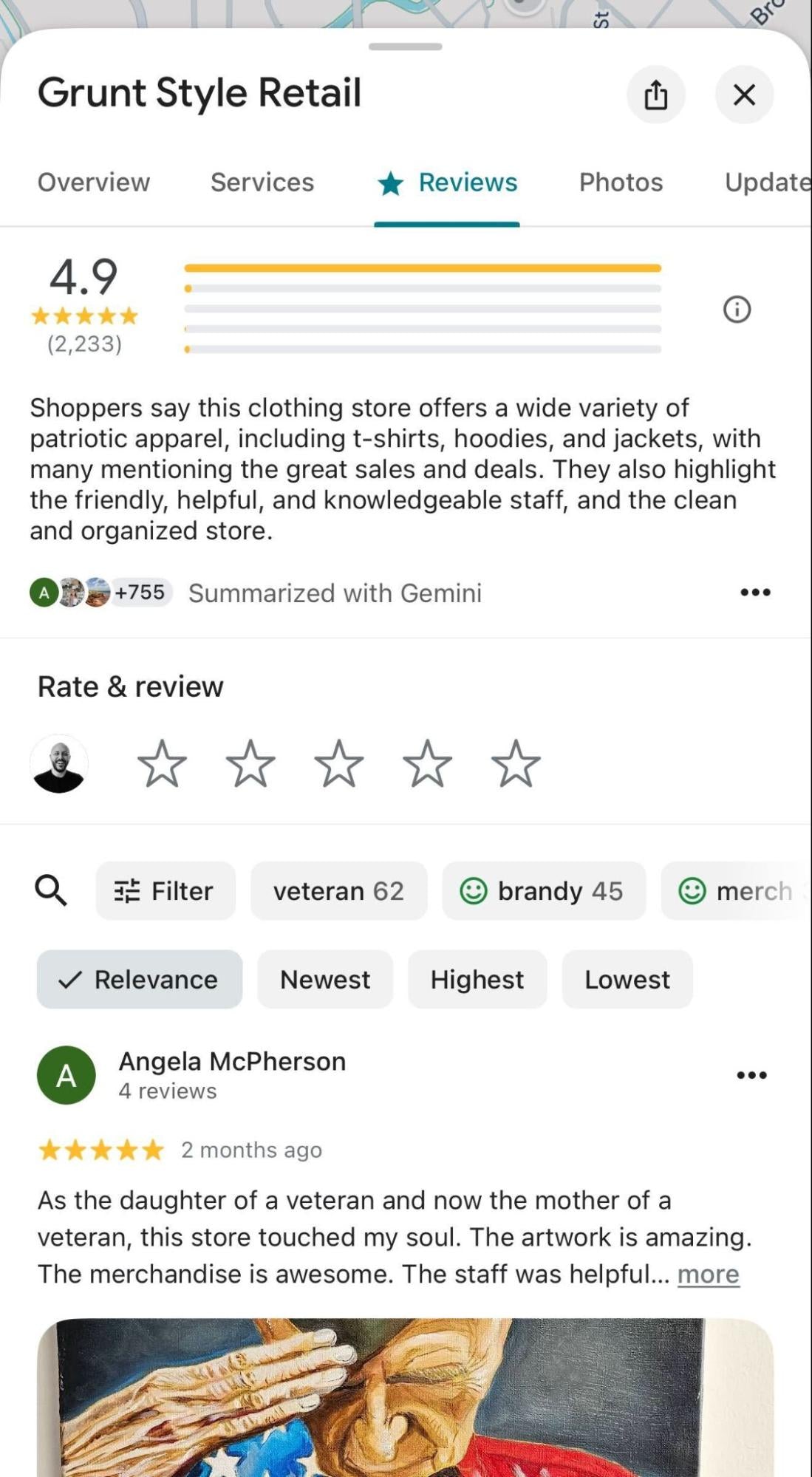 A store's 4.9-star Google review page featuring a summary by Gemini.