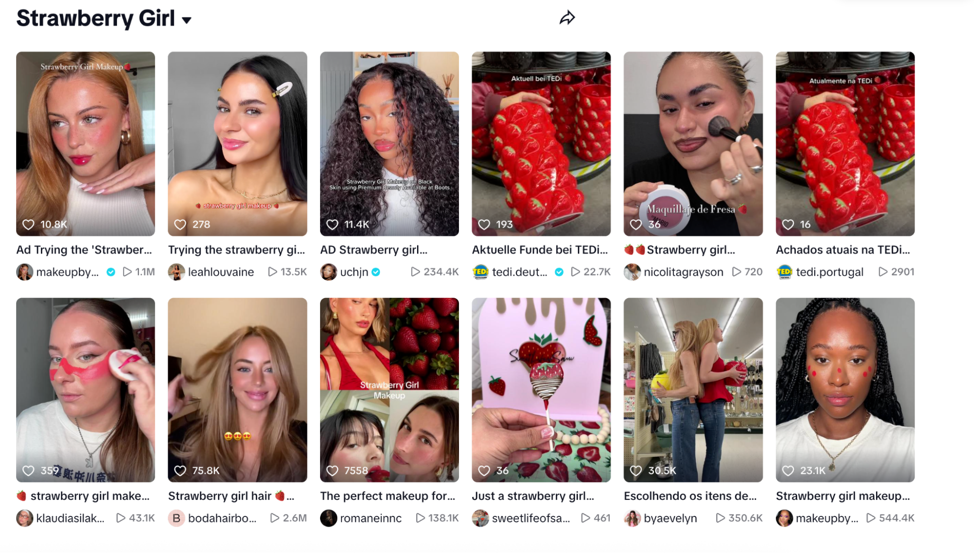 TikTok search results for “Strawberry Girl” makeup trend showing viral videos and product demos.
