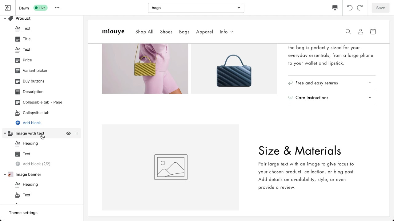 Shopify’s theme editor with a list of editable sections on the left.