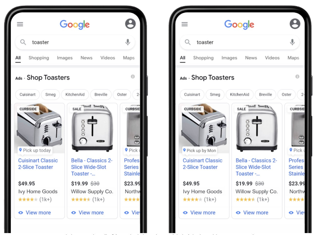 Local inventory ads result for a user searching “toaster.”
