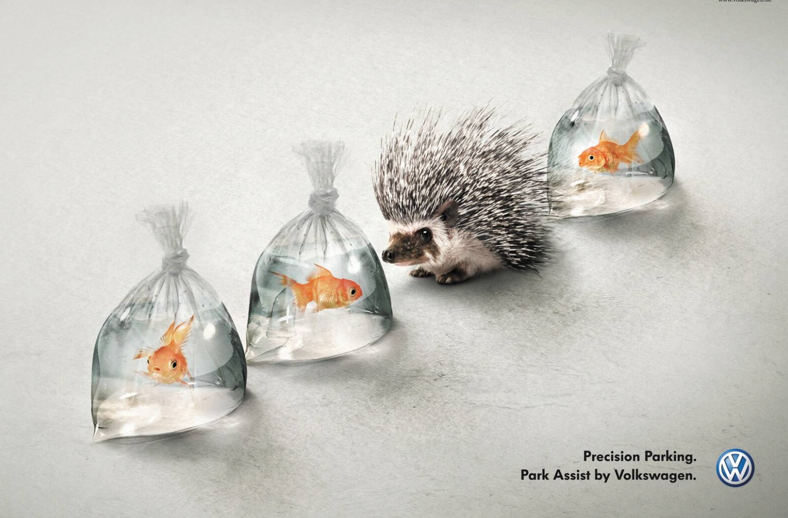 Volkswagen parking advertisement showing a porcupine between bagged goldfish in a row
