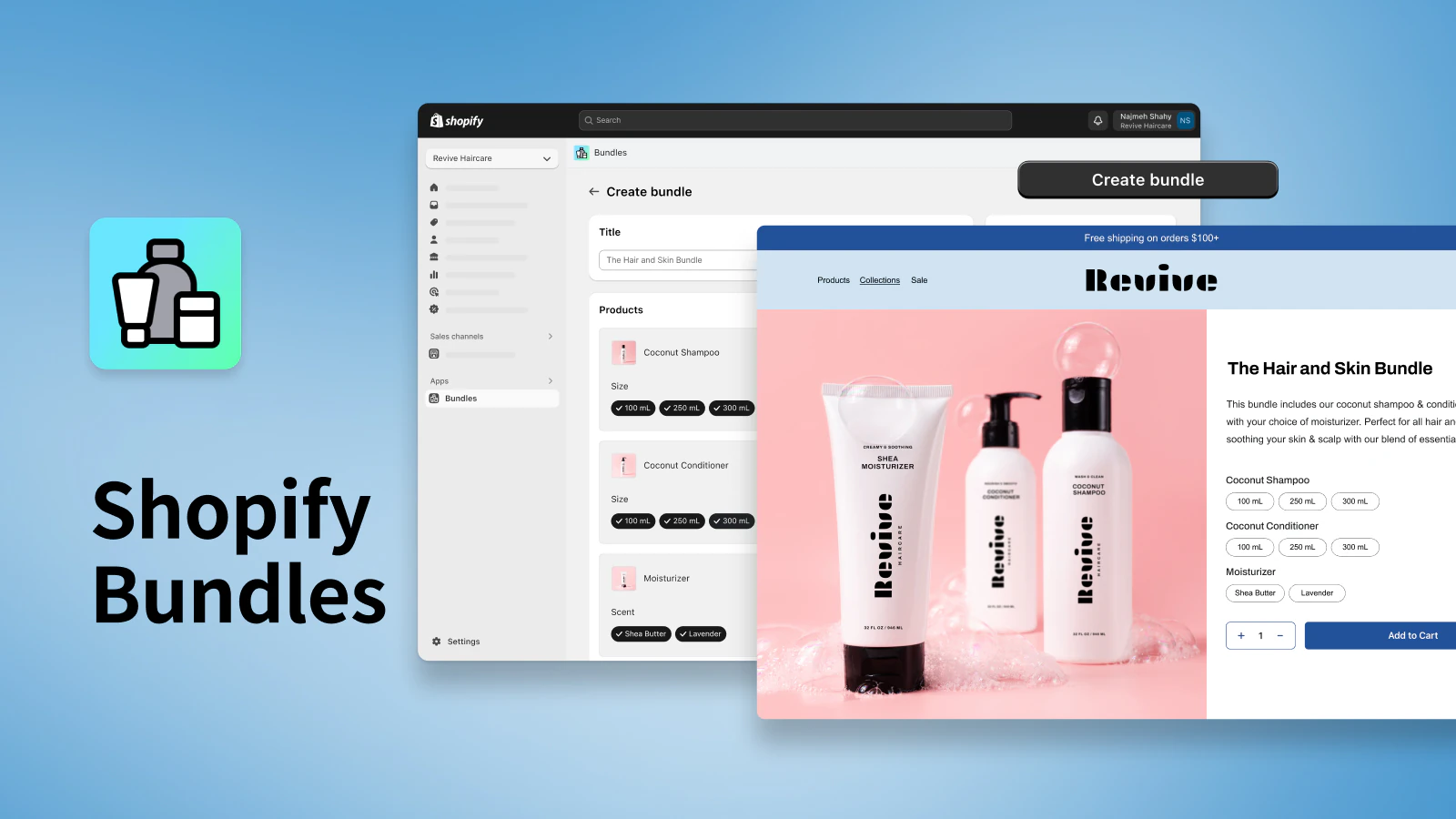 A promotional image for Shopify Bundles showing the admin setup and the final product page.