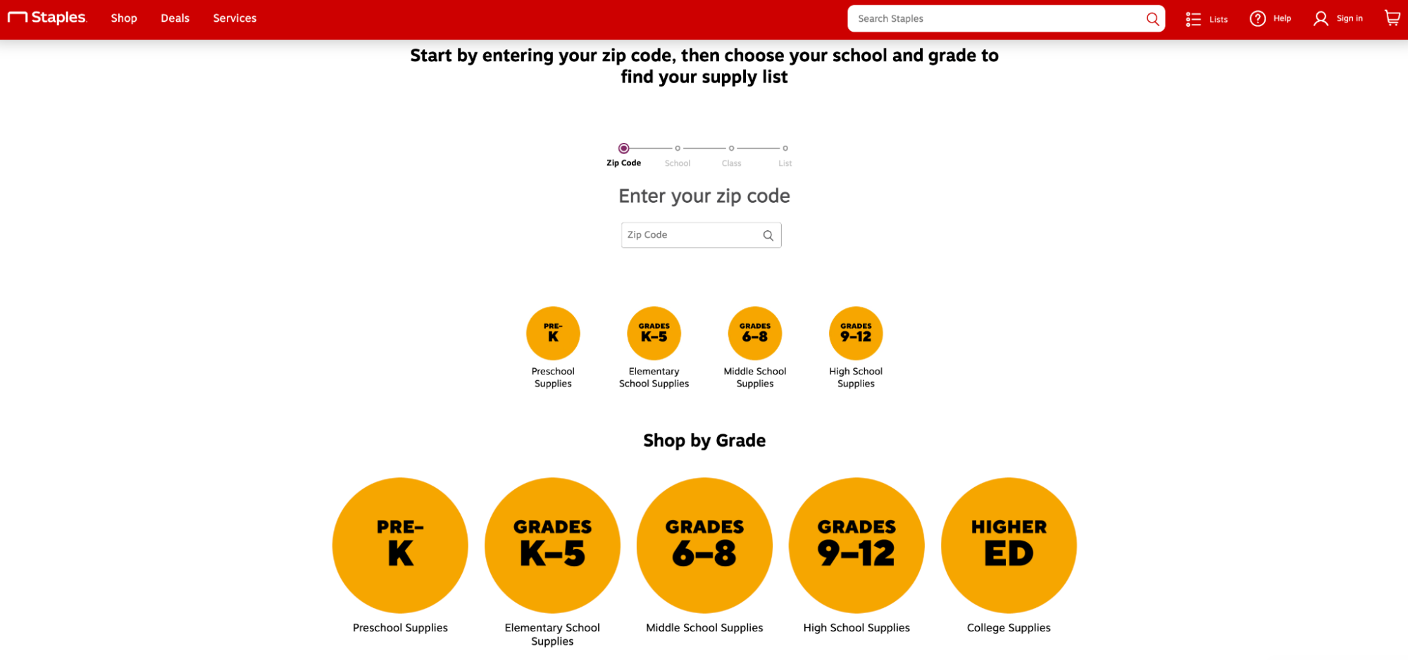 Staples’ school supply list finder with ZIP code search and grade options.