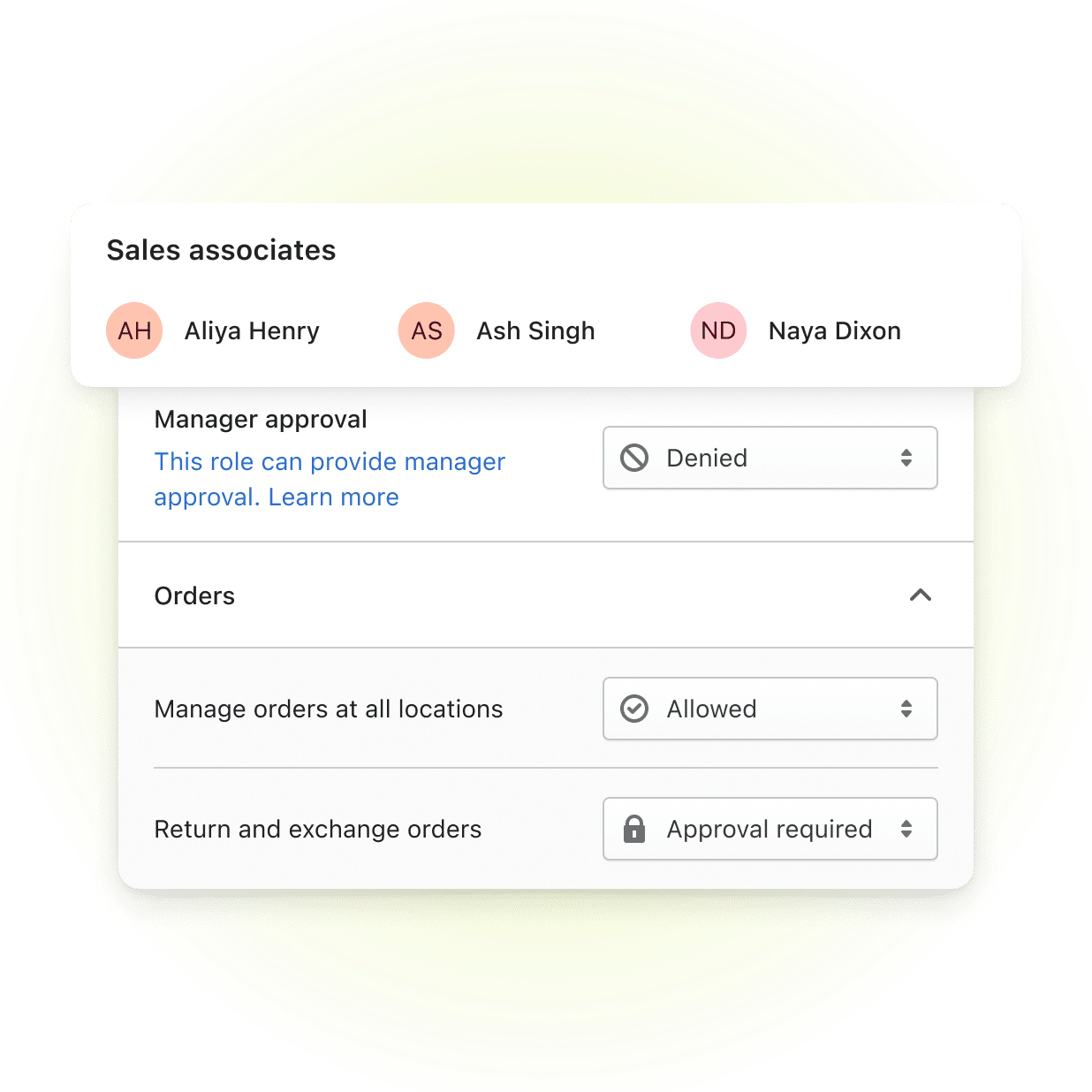Shopify user permissions showing a profile that can only process returns with manager approval.