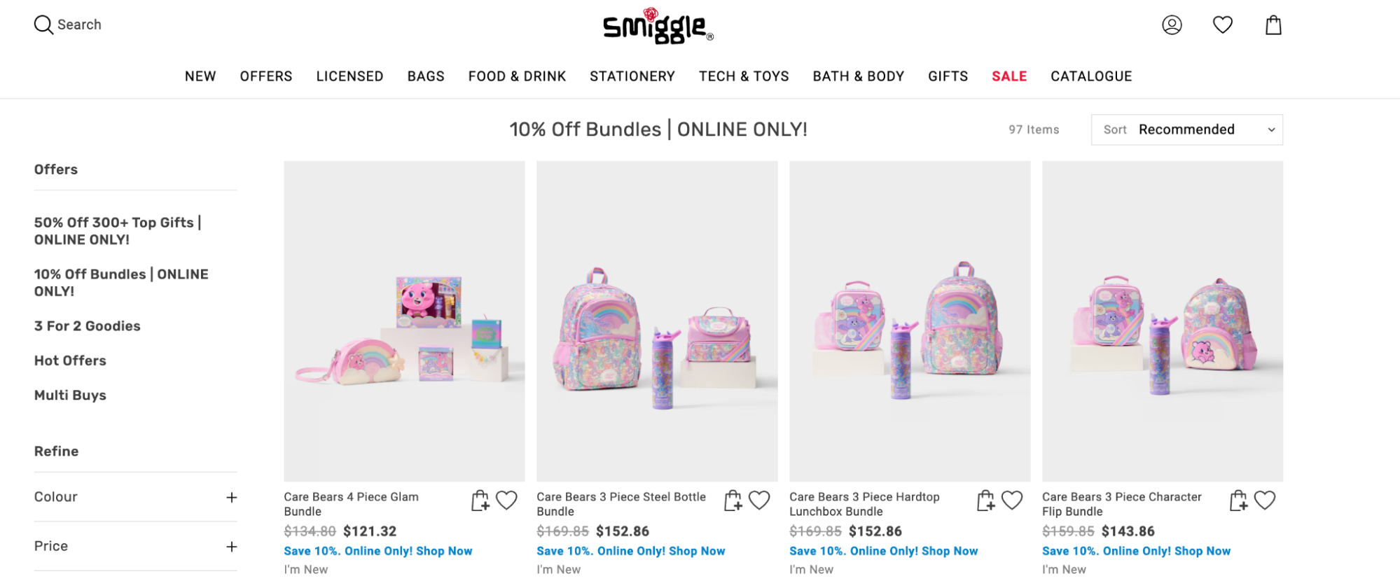 Smiggle’s “10% Off Bundles” page showing Care Bears-themed backpack and lunchbox sets.