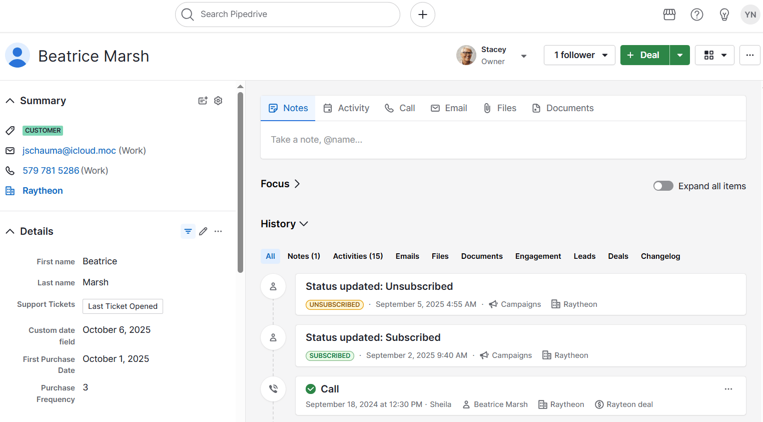 COB vs. EOD Pipedrive contact view