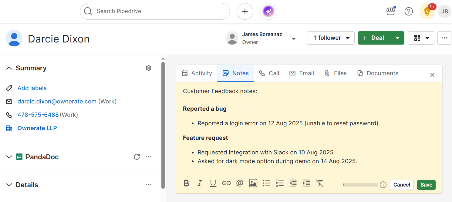 Customer feedback tools Pipedrive notes