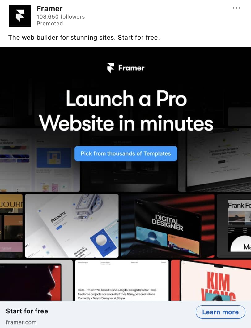 Customer value Framer LinkedIn ad