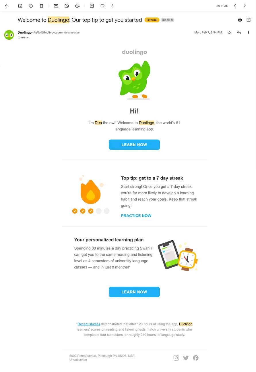 Customer value Duolingo personalized email