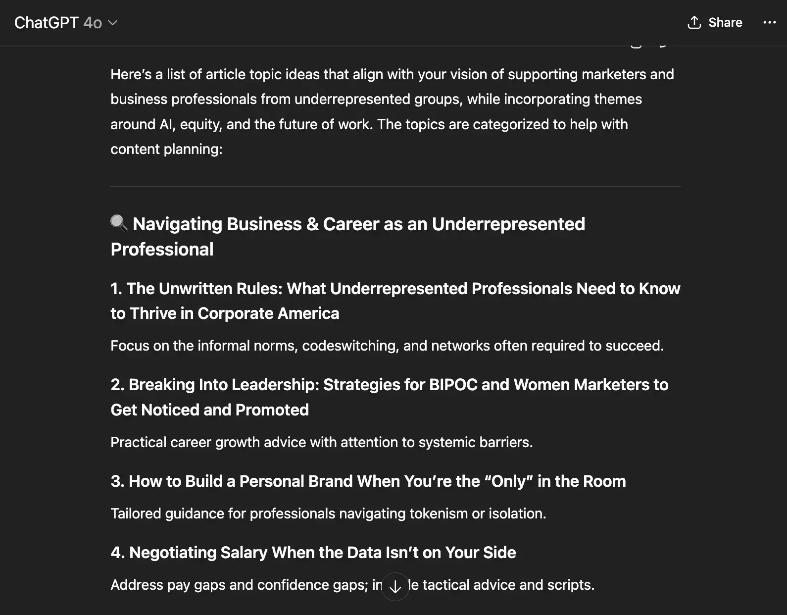 screenshot showing an example of how a hubspot writer might use ai to brainstorm topics