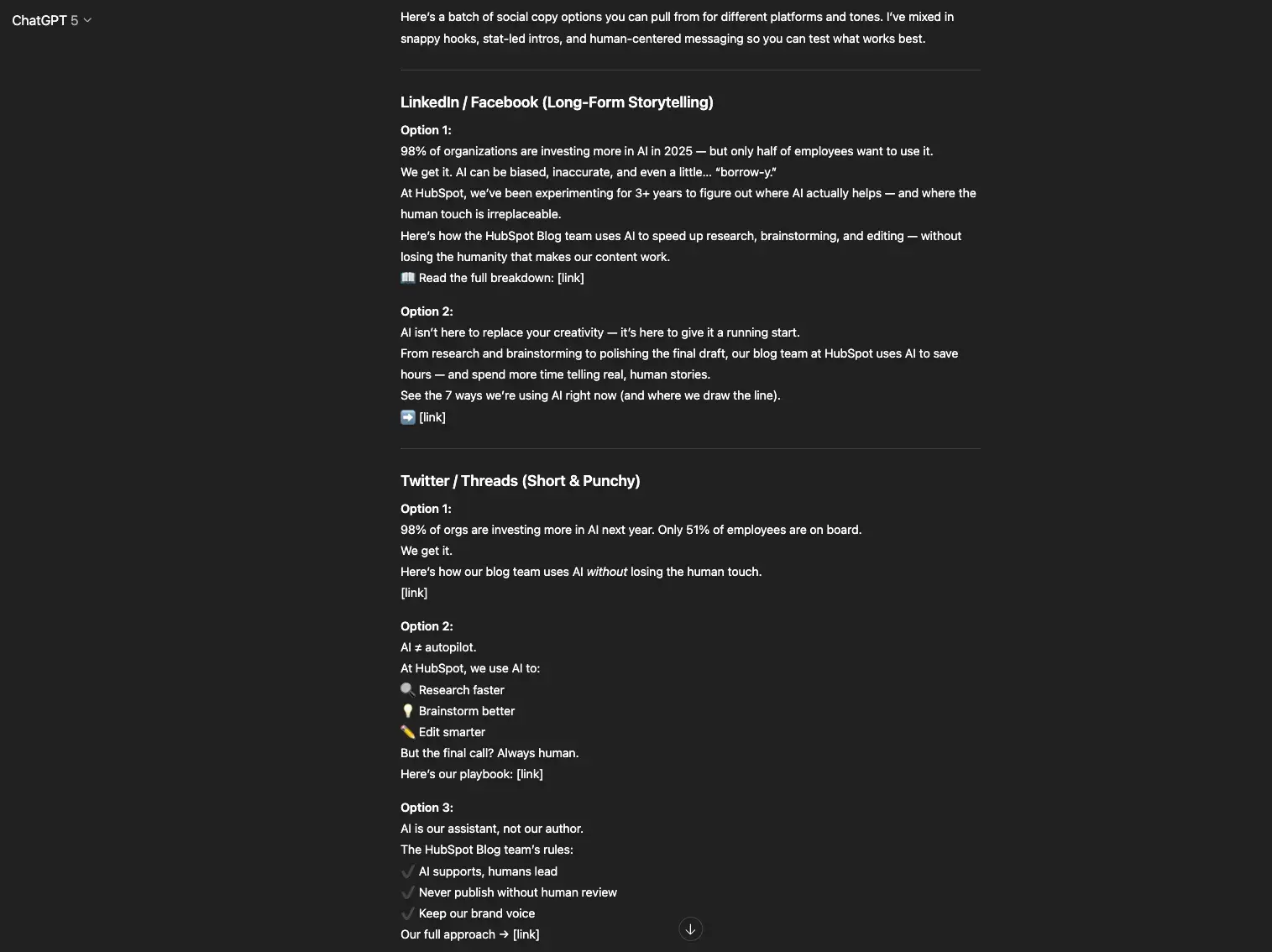 screenshot showing an example of how a hubspot writer might use ai to write social copy or meta descriptions.