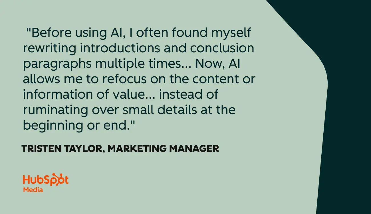 graphic showcasing a quote about using ai to draft introductions and conclusions from hubspot writer tristen taylor