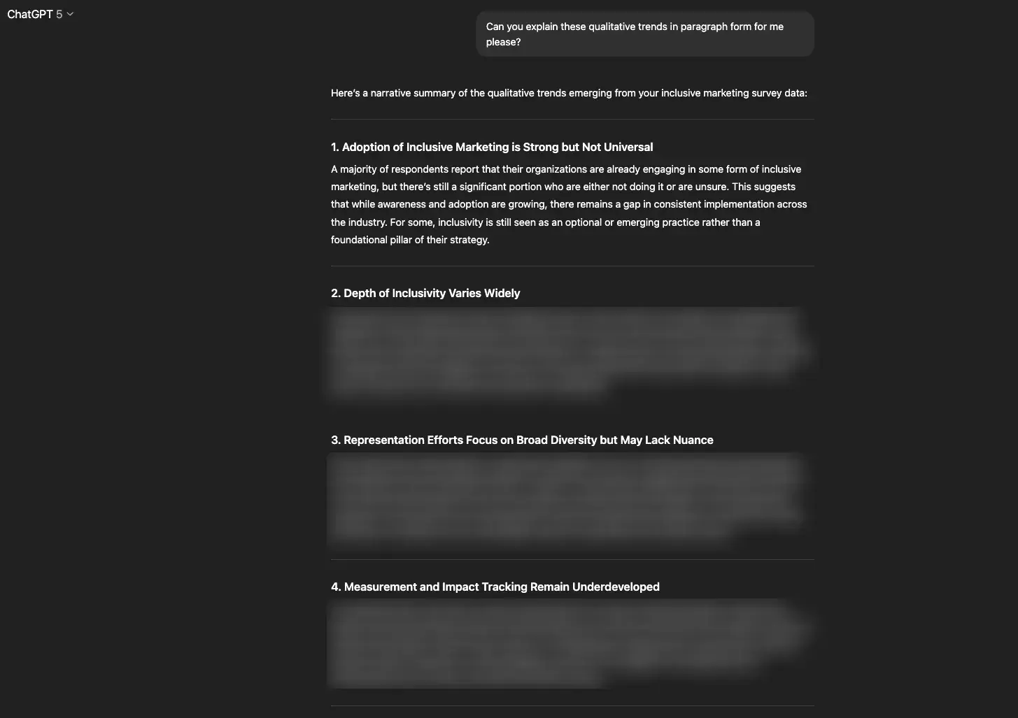 screenshot showing an example of how a hubspot writer might use ai to analyze data from a spreadsheet into qualitative trends.