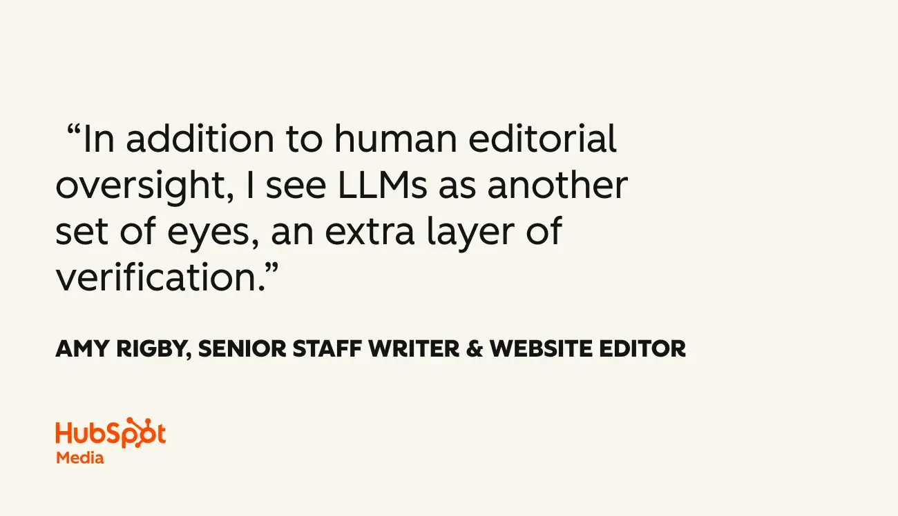 graphic showcasing a quote about using ai to edit and proofread content from hubspot writer amy rigby.