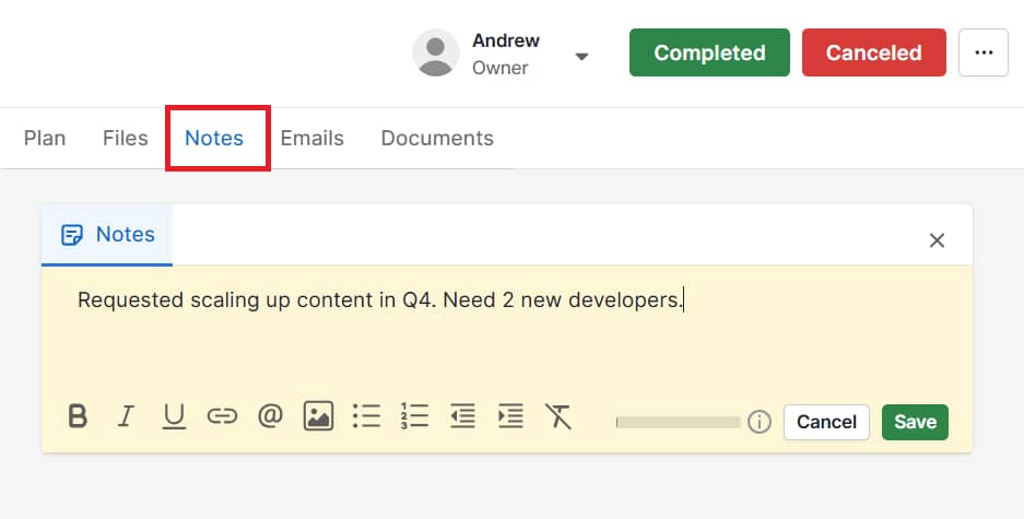 Team capacity planning Pipedrive notes