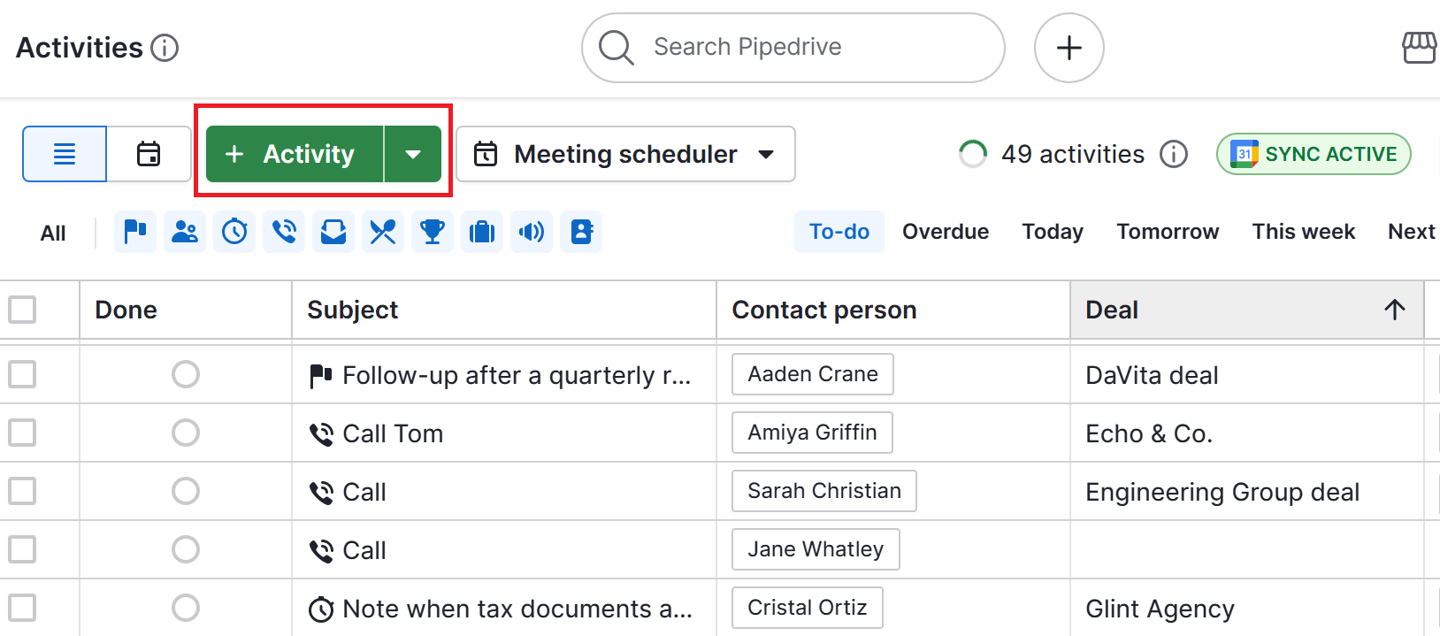 Warm leads Pipedrive Activities