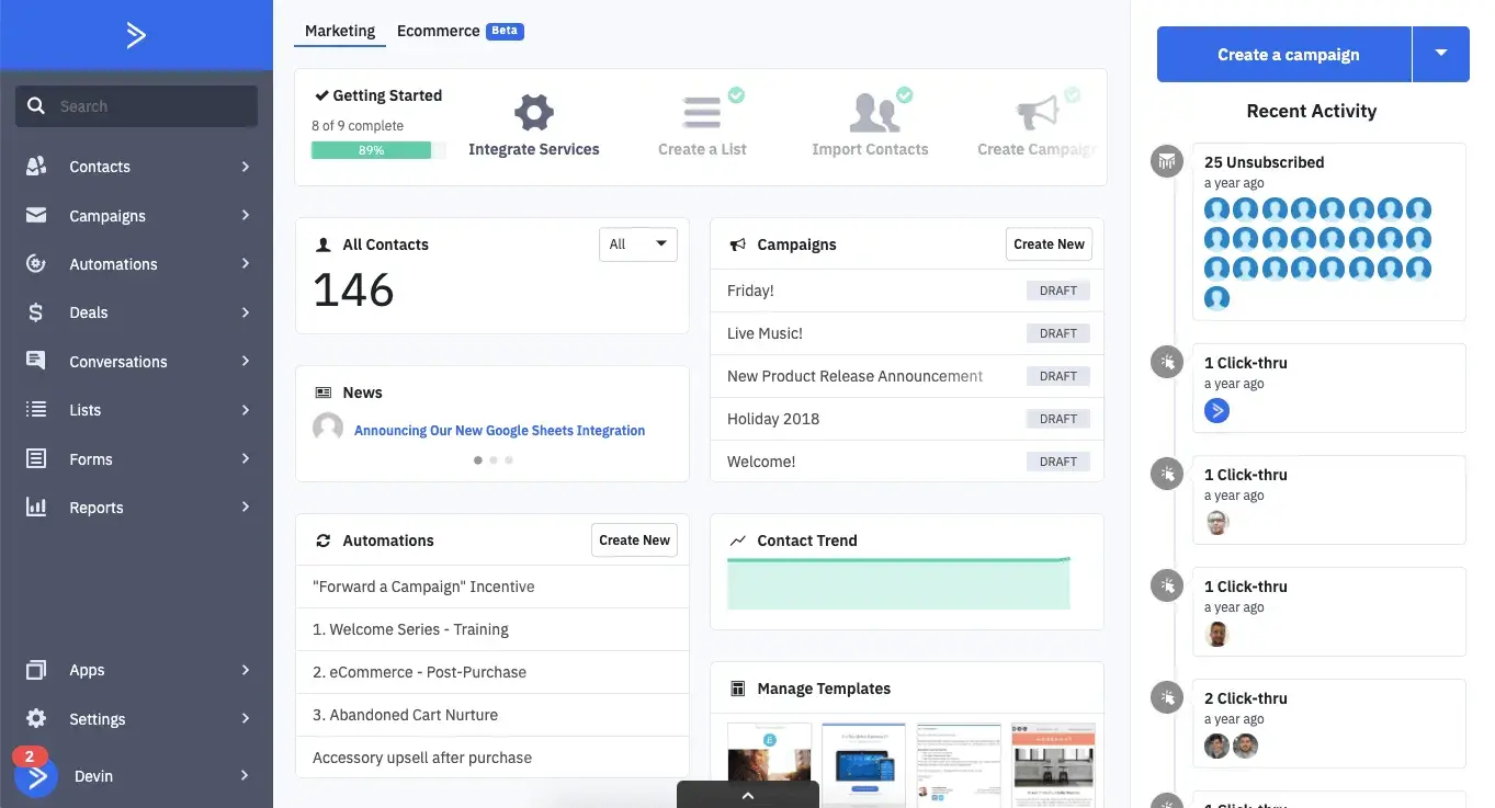 a screenshot of activecampaign’s ai email marketing analytics dashboard